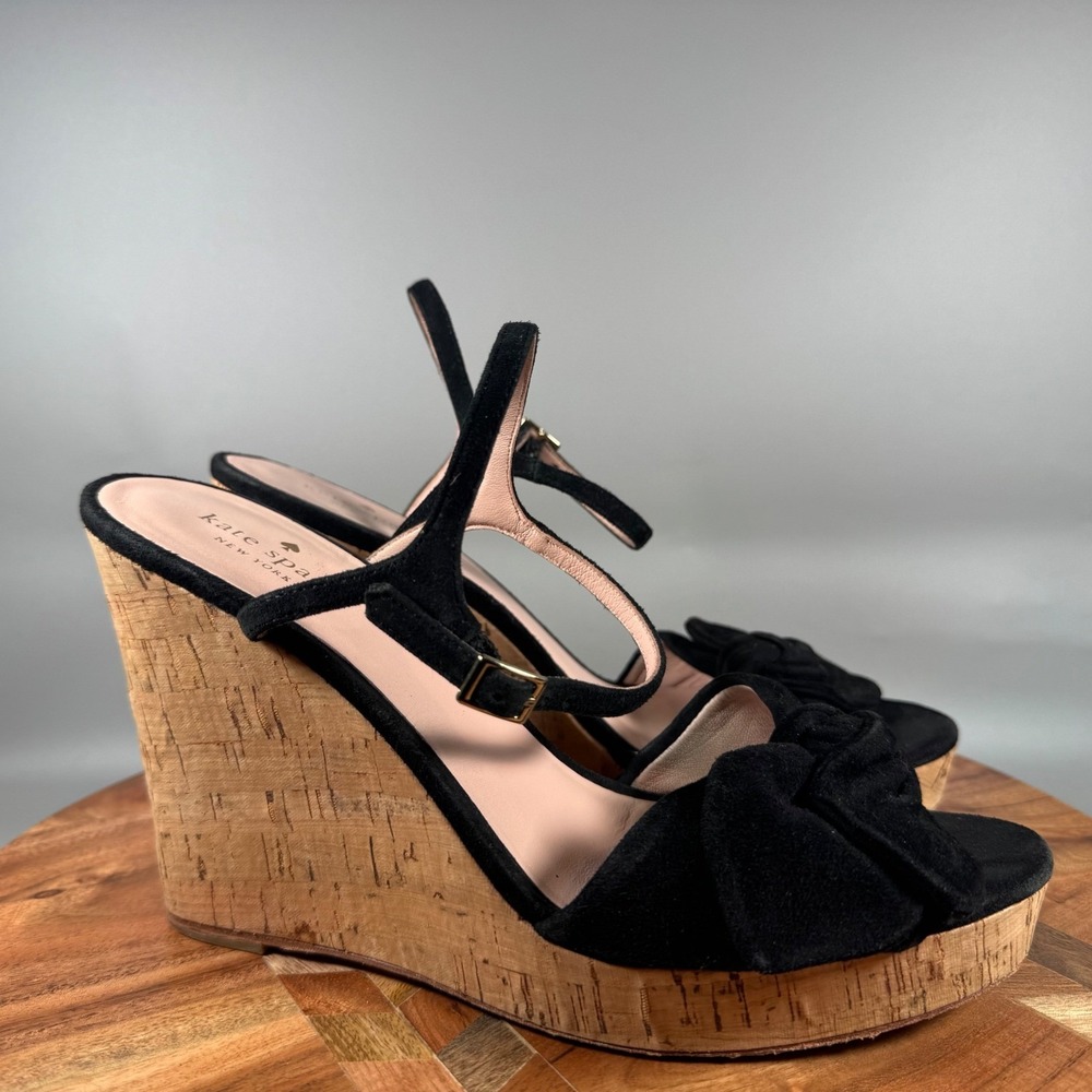 Kate Spade‎ New York Black Suede Bow Cork Platform Wedge Sandals Size 9.5M